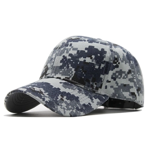 Outdoor digital camouflage baseball cap in blue and grey pixel pattern with curved brim