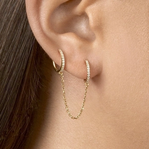 Chic gold double hoop chain earrings for women featuring sparkling zircon pavé setting