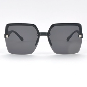 Fashionable half-frame square sunglasses with grey gradient lenses and silver metal hinges