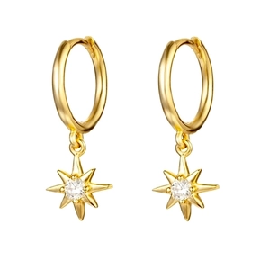 Gold star hoop earrings with sparkling zircon octagram charms for women