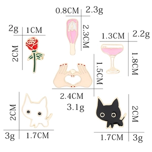 Cute Japanese cartoon enamel pins set featuring cat, flower, and bottle designs