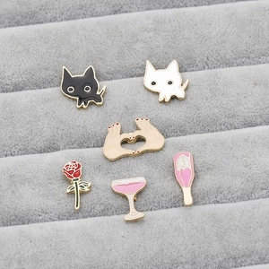 6-piece cute cartoon enamel pin set with cat, rose, cocktail glass, and heart designs