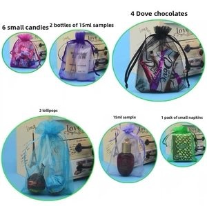 Detail showing various organza drawstring bags used for candy and cosmetic packaging