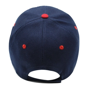 Navy blue baseball cap with red embroidery and adjustable back buckle on white background