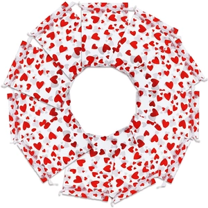 Detailed view of 12 white organza gift bags with red foil heart patterns arranged in a circle