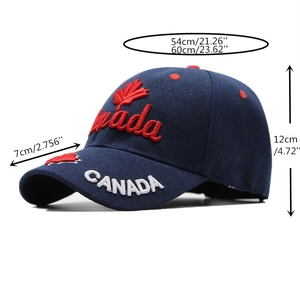 Detail view of navy blue baseball cap showing Canada embroidery and size parameters
