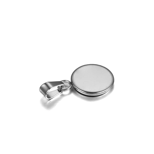 Polished stainless steel round pendant base for DIY jewelry making on white background