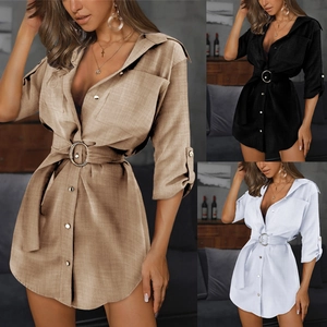 Women Shirt Dress Cotton Linen Texture V Neck Roll Up Long Sleeve Solid Color Button Down Midi Dress With Waist Belt