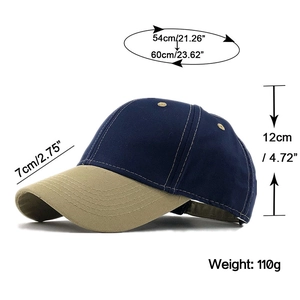 Detail view of navy and khaki baseball cap with size specs 54-60cm head circumference