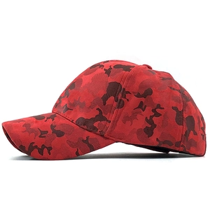 Detail shot of the red and black camo pattern on the suede baseball cap fabric