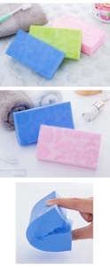 Detail of soft bath sponges showing embossed patterns and high elasticity for kids