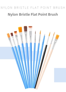 Detail view of 12 nylon bristle paint brushes with flat and pointed tips for kids