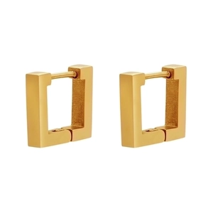 Detailed view of rectangular gold geometric hoop earrings with hinged closures