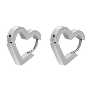 Macro view of heart-shaped stainless steel huggie earrings with a matte brushed finish