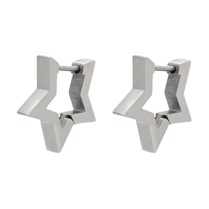 Detailed side view of silver star-shaped stainless steel hinged huggie earrings