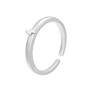 Detail shot of silver adjustable open ring featuring an engraved lightning bolt motif