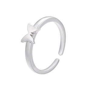 Detailed view of silver butterfly open ring with adjustable band and polished finish
