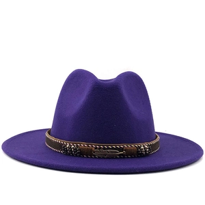 Elegant purple wool fedora with woven band and golden feather buckle detail