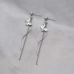Detailed view of sparkling butterfly tassel earrings with silver finish and crystal accents