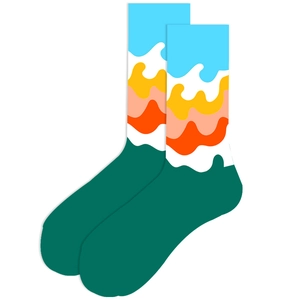Abstract wave pattern crew socks featuring vibrant multi-color block stitching detail