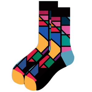 Detail of colorful geometric block pattern on mid-calf socks with Mondrian style design