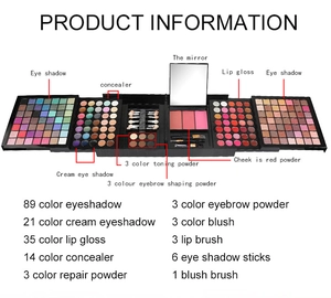 Detailed information chart of 177 color makeup palette with eye shadow and lip gloss