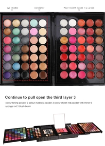 Detailed multi-layer makeup palette showing eyeshadow, concealer, and lip gloss sections