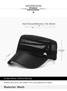 Detailed size chart for black breathable mesh flat top sun hat with dimensions