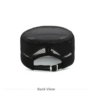 Detail view of the breathable black mesh back and adjustable metal buckle on summer cap