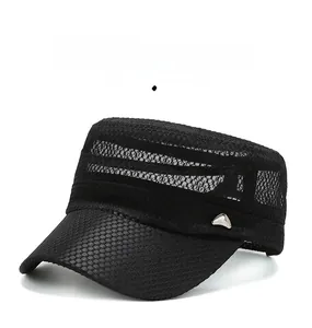 Detail of breathable mesh fabric on black flat top cadet cap with metal buckle