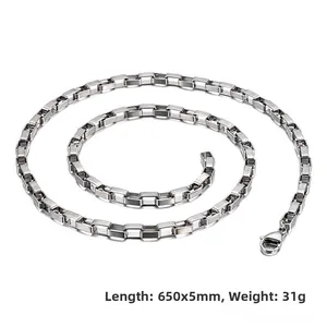 Polished silver stainless steel rectangular link chain necklace 650x5mm with lobster clasp
