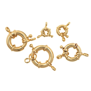 Five assorted 24K gold-plated round spring clasps for DIY jewelry making and assembly