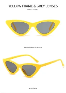Cat-Eye-Sonnenbrille mit leuchtend gelbem Rahmen und dunkelgrauen Gläsern, Front- und Seitenansicht