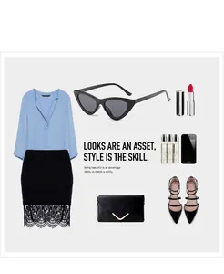Flatlay-Ansicht der Katzenaugen-Sonnenbrille mit V-Ausschnitt Bluse und Spitzenrock