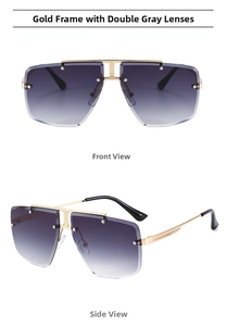 Detail of rimless square sunglasses with gold metal frame and gradient grey lenses