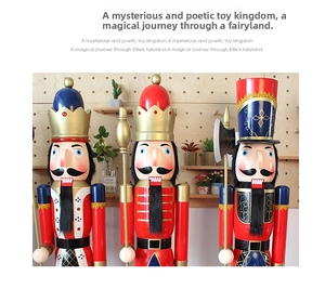 Detailed trio of classic wooden nutcracker soldiers in festive red, blue, and gold uniforms