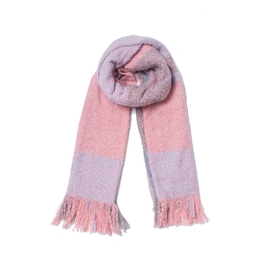 Detail of pink and purple knit plaid scarf featuring soft fringe tassels on a plain white background