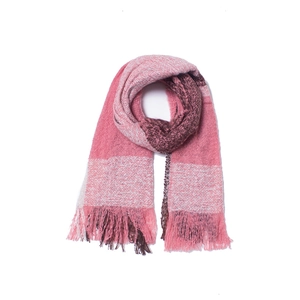 Detailed close-up of pink and brown knit scarf with fringe tassels on white background