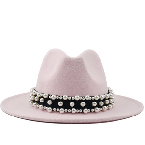 Pink wide brim wool fedora hat with elegant pearl band detail for women