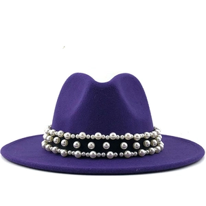 Classic purple wool jazz hat with flat brim and multi-row pearl decorative band