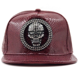Deep burgundy faux crocodile skin baseball cap with sparkling rhinestone skull badge
