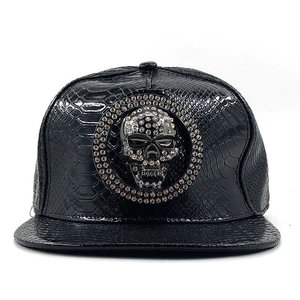 Punk hip-hop flat brim baseball cap in black faux crocodile leather with rhinestone skull