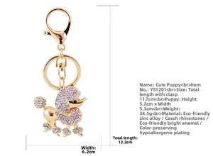 Detailed size chart of crystal poodle keychain with dimensions and lobster clasp details