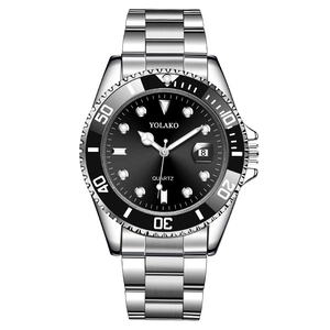 Men's silver stainless steel quartz watch with calendar display and black dial