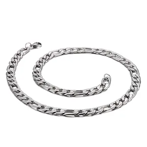 Masculine Figaro Link Chain Necklace Stainless Steel Silver Tone Polished Jewelry For Men Hip Hop Style