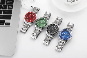 Variety of YOLAKO quartz watches with colorful dials on a white office desk