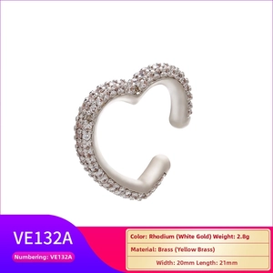 Detailed view of rhodium plated brass heart ear cuff with micro-paved cubic zirconia