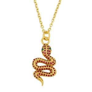 Exaggerated gold snake pendant necklace with red rhinestones and green eyes for women