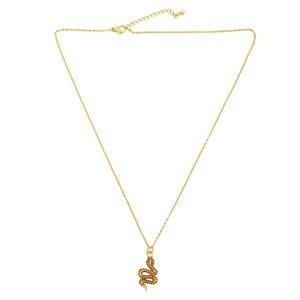 Golden snake pendant necklace with red crystals and green eyes on a minimalist thin chain