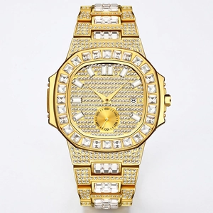 Luxury Men Quartz Watch Iced Out Lab Diamond Alloy Stainless Steel Waterproof Calendar Hip Hop Punk Fashion